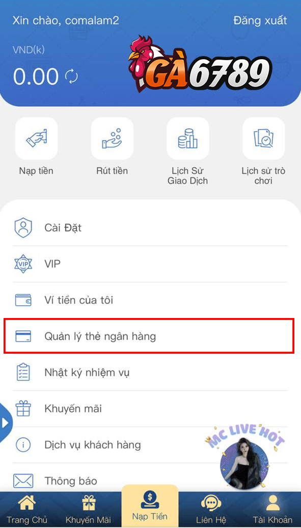 Bấm vào quản lý thẻ ngân hàng