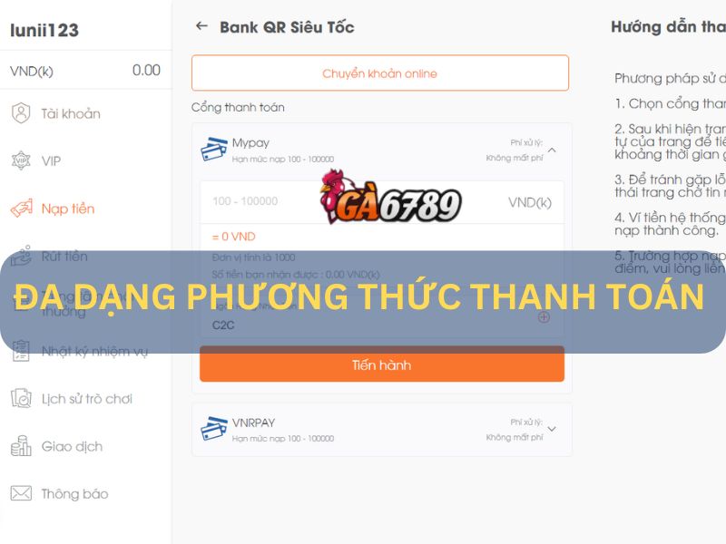 GA6789 cung cấp đa dạng các phương thức thanh toán